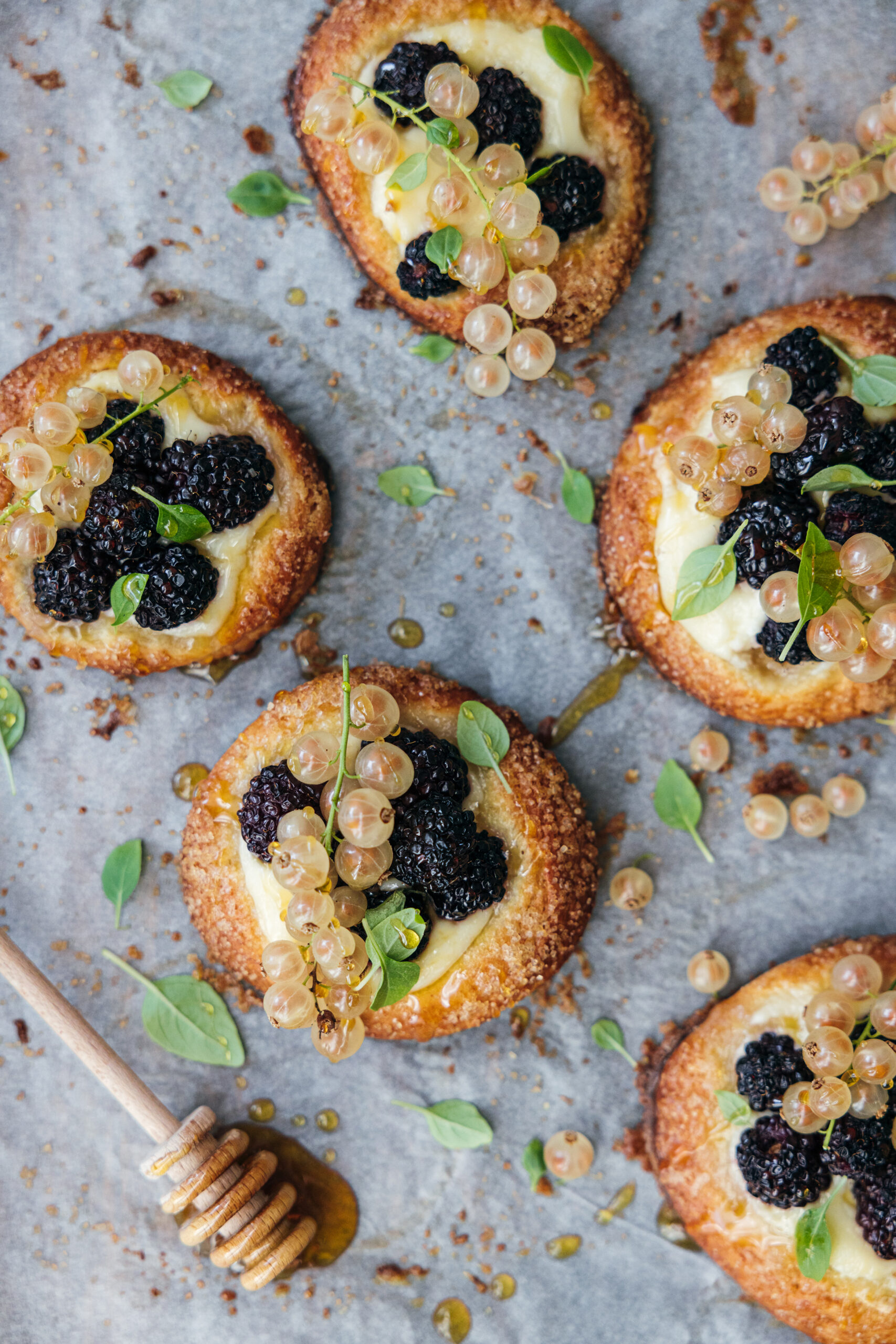 Minis tartes briochées mures groseille et basilic